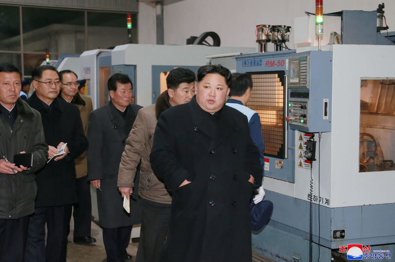 © Reuters. KCNA handout of North Korean leader Kim Jong Un inspecting the Sungri Motor Plant