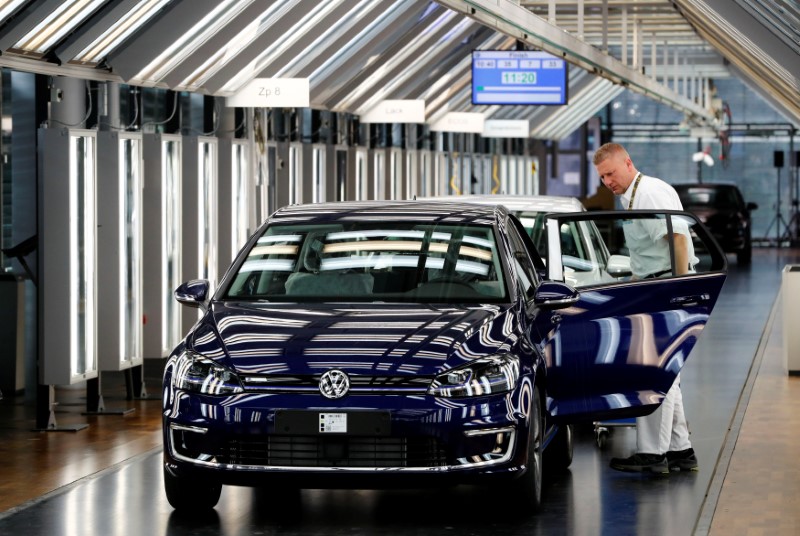 © Reuters. Worker makes final checks on a VW e-Golf electric car in Dresden