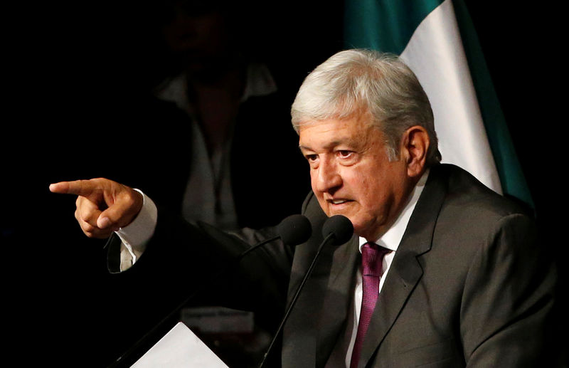 © Reuters. Mexico presidential candidate Andres Manuel Lopez Obrador of the National Regeneration Movement (MORENA), gives a speech as he presents his manifesto in Mexico City