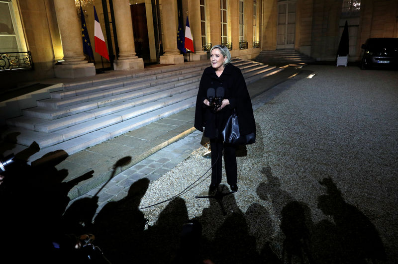 © Reuters. The shadows of journalists are seen as Marine Le Pen, head of France's far-right National Front (FN) speaks to the media following a meeting with French President Emmanuel Macron at the Elysee Palace in Paris