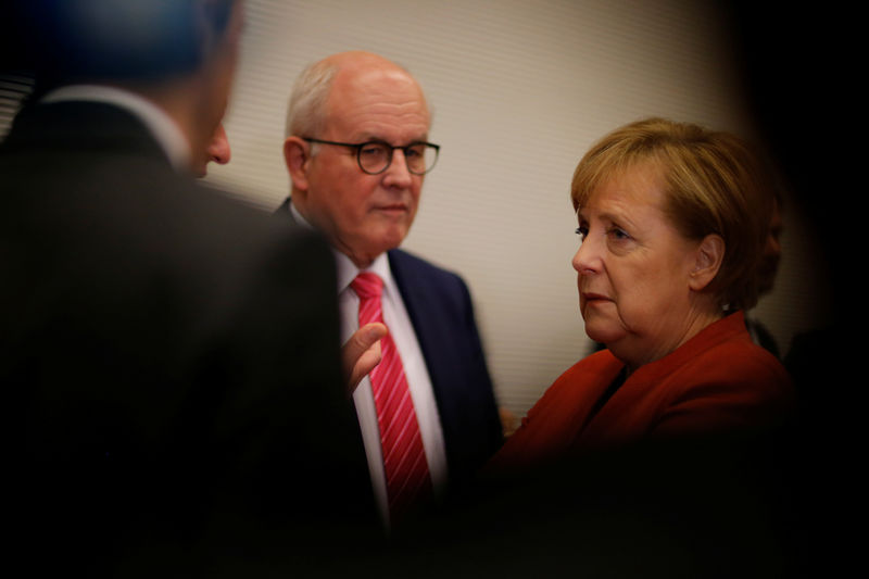 © Reuters. German Chancellor Merkel and CDU/CSU chair Kauder attend a meeting at the Bundestag in Berlin