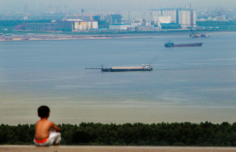 © Reuters. FILE PHOTO: Boy looks at cargo ships passing along the Pearl River in Guangzhou, Guangdong province