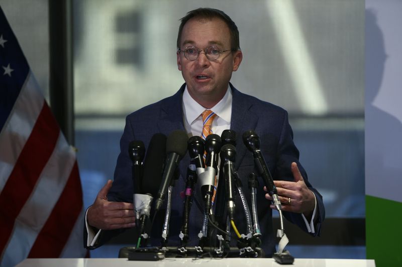 © Reuters. 0MB Director Mulvaney speaks to the media at the U.S. Consumer Financial Protection Bureau in Washington