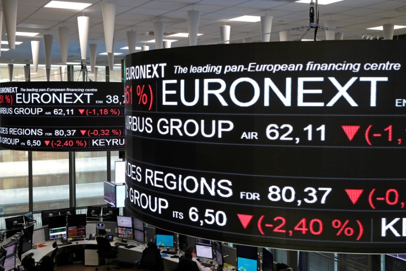 © Reuters. Company stock price information are displayed on screens as they hang above the Paris stock exchange, operated by Euronext NV, in La Defense business district in Paris