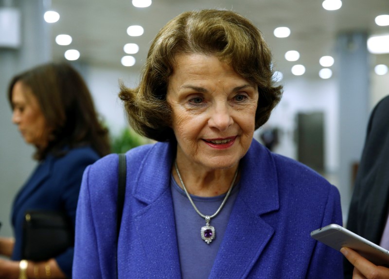 © Reuters. Senator Dianne Feinstein (D-CA) speaks to reporters after the Senate approved $15.25 billion in aid for areas affected by Hurricane Harvey in Washington