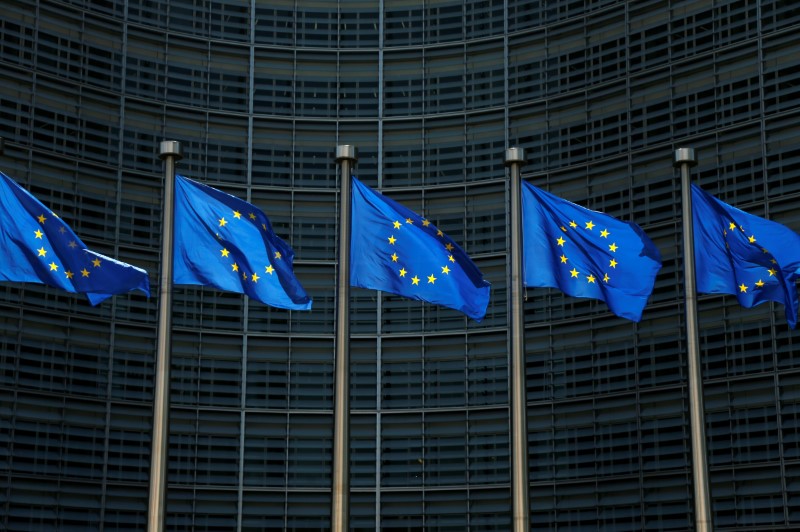 © Reuters. FILE PHOTO - EU flags flutter outside the EU Commission headquarters in Brussels