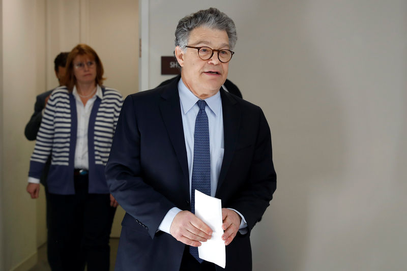 © Reuters. Senator Franken speaks to the media outside his office on Capitol Hill in Washington