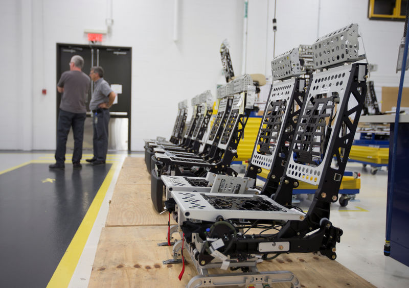 © Reuters. Bombardier Global aircraft chair frames are seen ready to be fitted at Bombardier Centre of Excellence for interior completion work in Pointe-Claire, Quebec