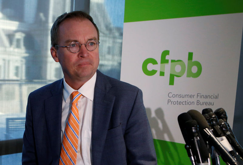 © Reuters. FILE PHOTO: OMB Director Mulvaney speaks to the media at the U.S. Consumer Financial Protection Bureau in Washington
