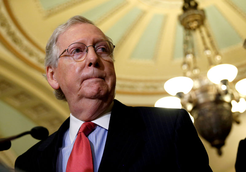 © Reuters. FILE PHOTO: Senate Majority Leader McConnell (R-KY) speaks to reporters after the Republican policy luncheon in Washington