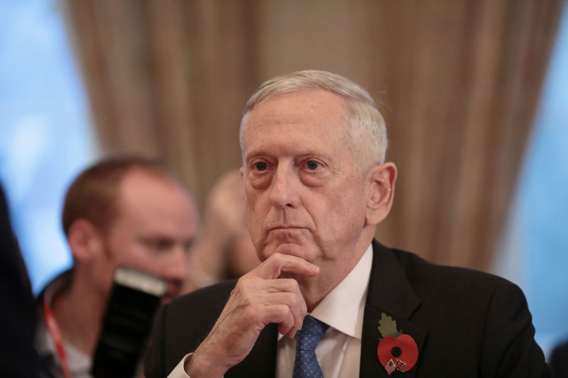 © Reuters. U.S. Secretary for Defense, Jim Mattis, sits opposite Britain's Secretary of State for Defence, Gavin Williamson, before a meeting at the Ministry of Defence Ministry of Defence in central London