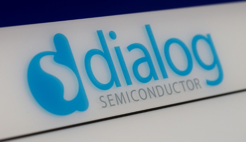 © Reuters. Dialog semiconductor logo is pictured at company building in Germering