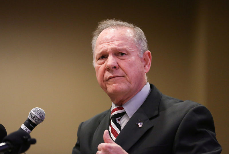 © Reuters. FILE PHOTO:    Judge Roy Moore participates in the Mid-Alabama Republican Club's Veterans Day Program in Vestavia Hills