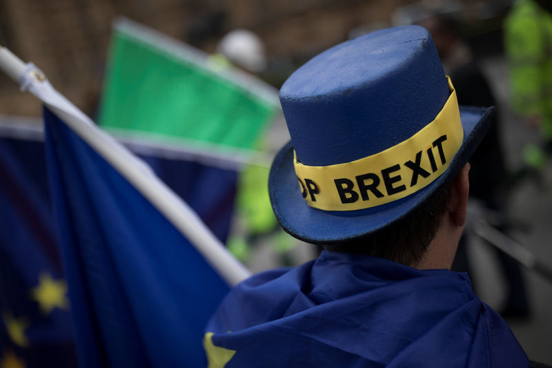 © Reuters. An Anti-Brexit protestor's hat displays the words 'Stop Brexit' as he stands outside the Houses of Parliament