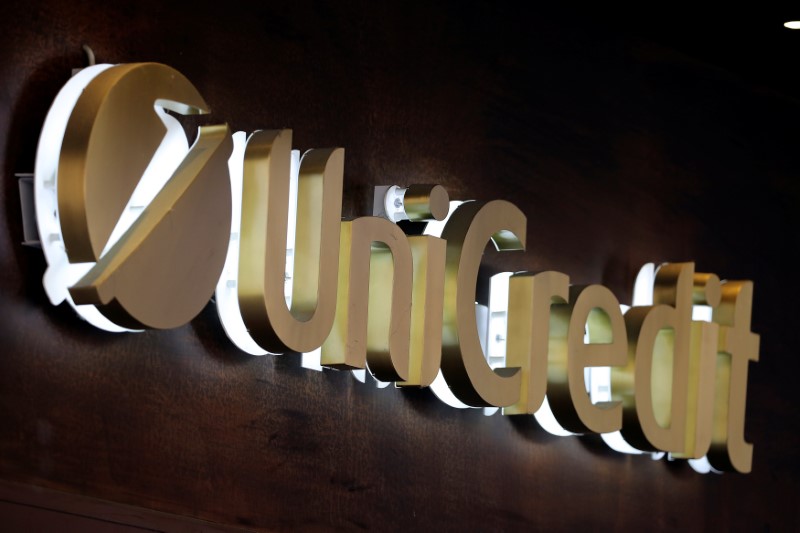 © Reuters. Unicredit bank logo is seen in the old city centre of Siena