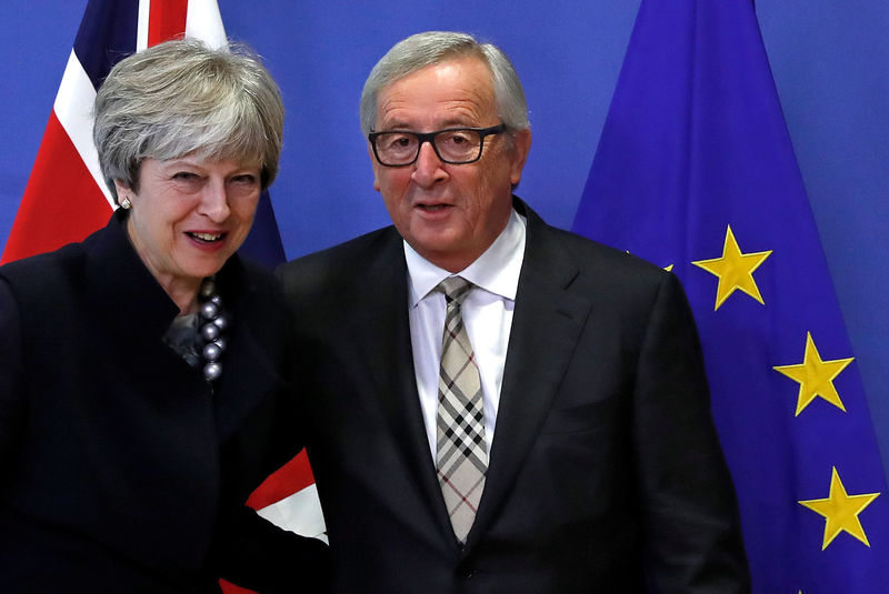 © Reuters. Britain's PM May is welcomed by EU Commission President Juncker at the European Commission in Brussels