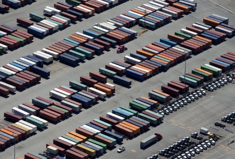 © Reuters. FILE PHOTO: Semi-truck trailers are shown at the Port of Long Beach in this aerial photograph  taken above Long Beach, California