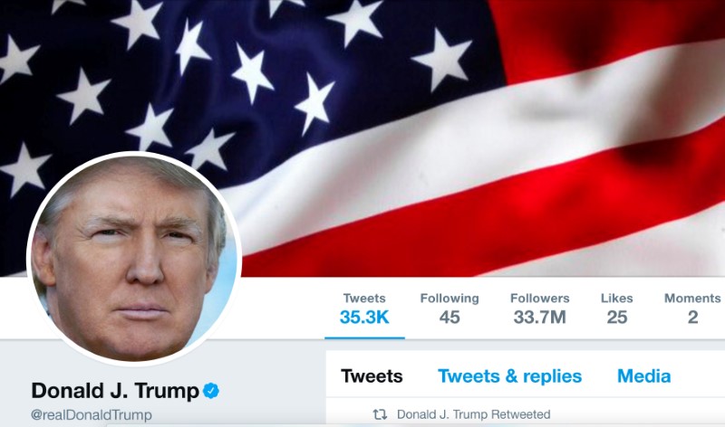 © Reuters. Encabezamiento de la cuenta de Twitter del presidente de Estados Unidos Donald Trump, @realDonaldTrump