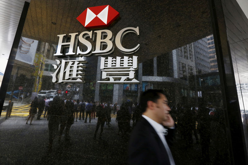 © Reuters. FILE PHOTO: Man walks past a logo of HSBC outside a branch at the financial Central district in Hong Kong