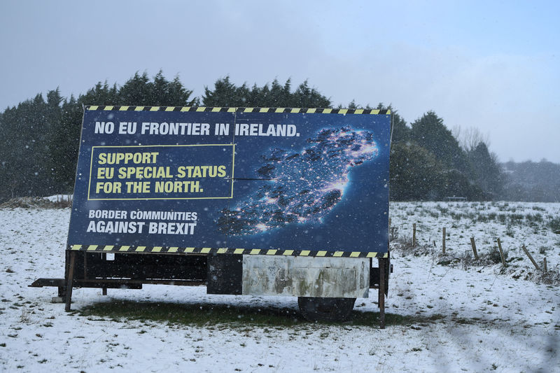 © Reuters. A Brexit sign is covered with snow at the side of the road near Newry
