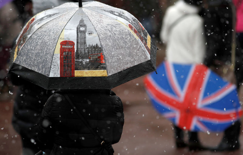 © Reuters. Tourists stand in the snow outside Buckingham Palace, London