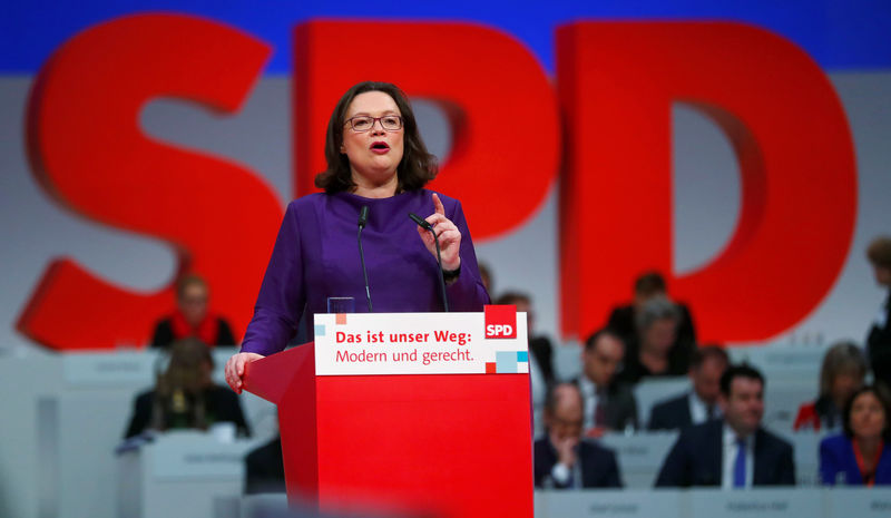 © Reuters. SPD parliamentary group leader Nahles holds a speech during the SPD party convention in Berlin