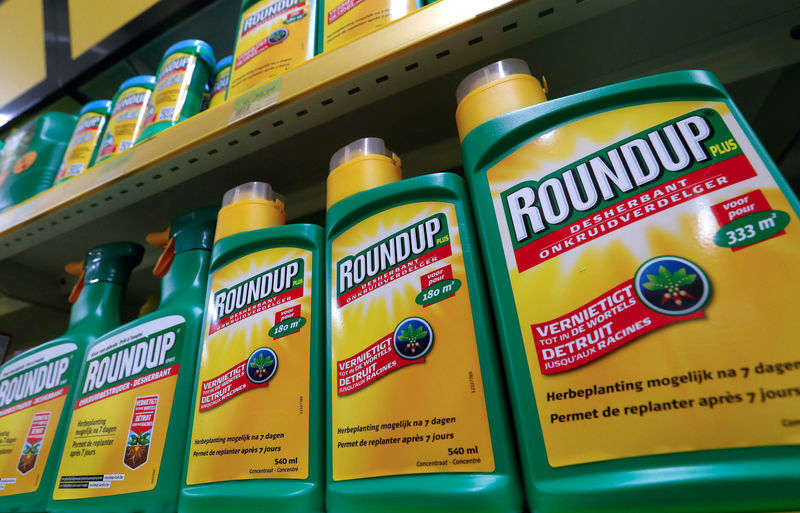 © Reuters. Monsanto's Roundup weedkiller atomizers are displayed for sale at a garden shop near Brussels