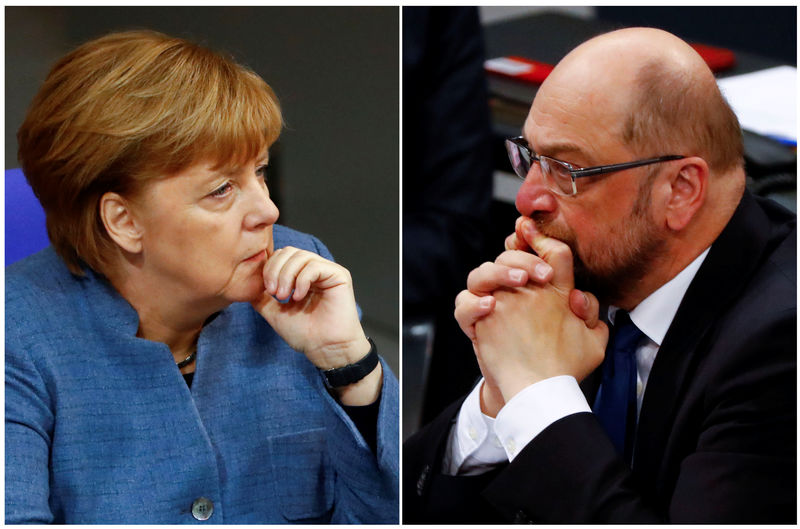 © Reuters. A combination of two photos show German Chancellor Angela Merkel and Social Democratic Party leader Martin Schulz as they attend a debate of the lower house of parliament Bundestag in Berlin