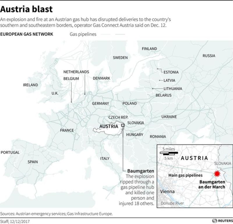 © Reuters. Mappa dell'Europa che mostra luogo dell'esplosione del sito del gas in Austria il 12 dicembre 2017.
