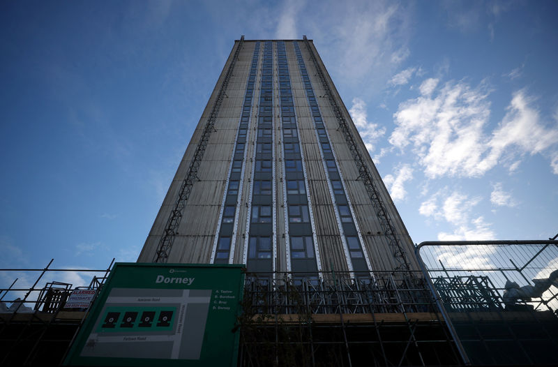 © Reuters. Cladding is removed from the outer walls of Dorney Tower residential block on the Chalcots estate in north London