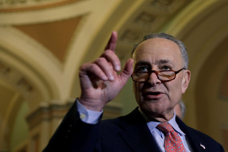 © Reuters. Senate Minority Leader Chuck Schumer (D-NY) talks to the media following a weekly policy luncheon in Washington