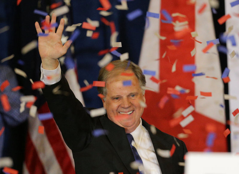 © Reuters. Democratic Alabama U.S. Senate candidate Doug Jones acknowledges supporters at the election night party in Birmingham