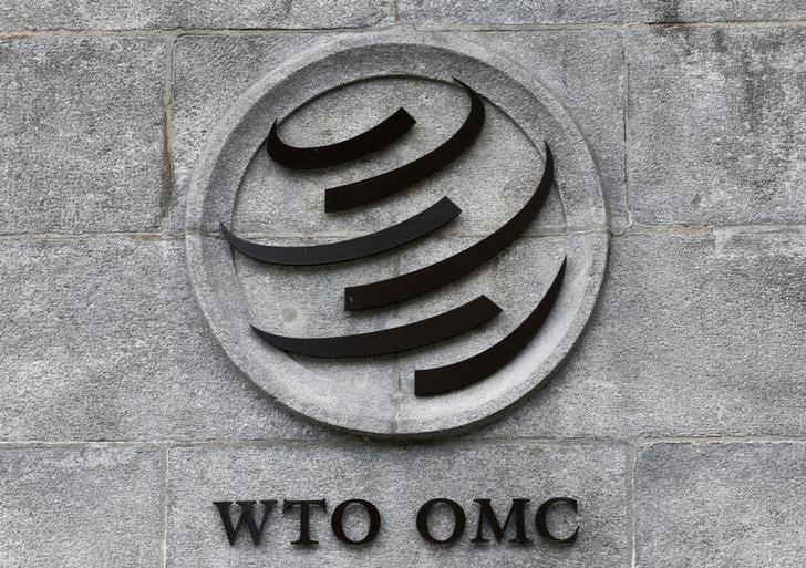 © Reuters. A WTO logo is pictured on their headquarters in Geneva