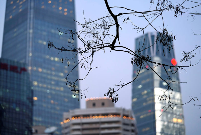© Reuters. Branches are pictured in front of buildings in Beijing's central business area