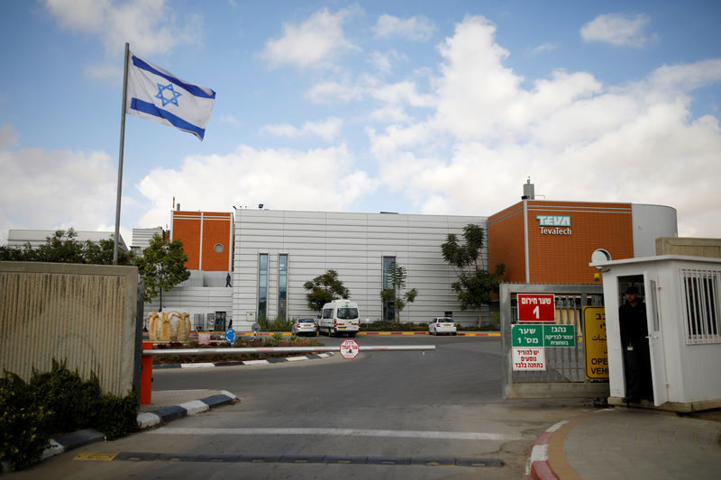 © Reuters. An Israeli flag flutters near the logo of Teva Tech, a part of Teva Pharmaceutical Industries, at the entrance to the facility in Neot Hovav, southern Israel