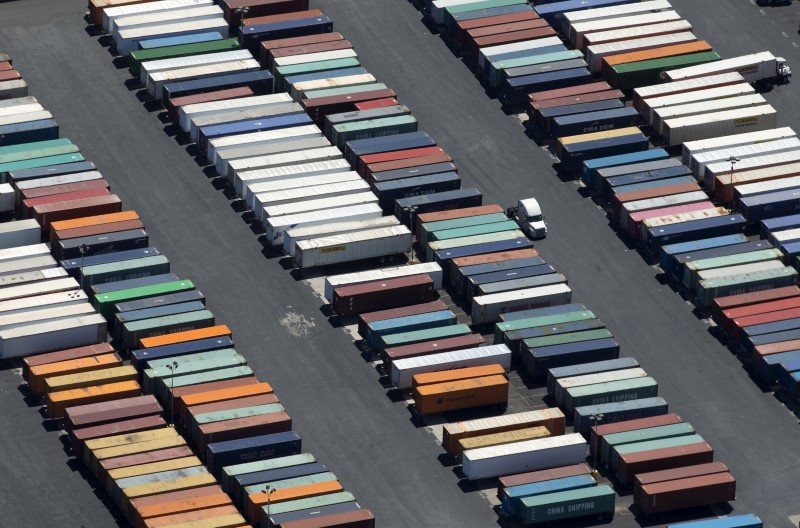 © Reuters. FILE PHOTO:    Semi-truck trailers are shown at the Port of Long Beach in this aerial photograph taken above Long Beach, California