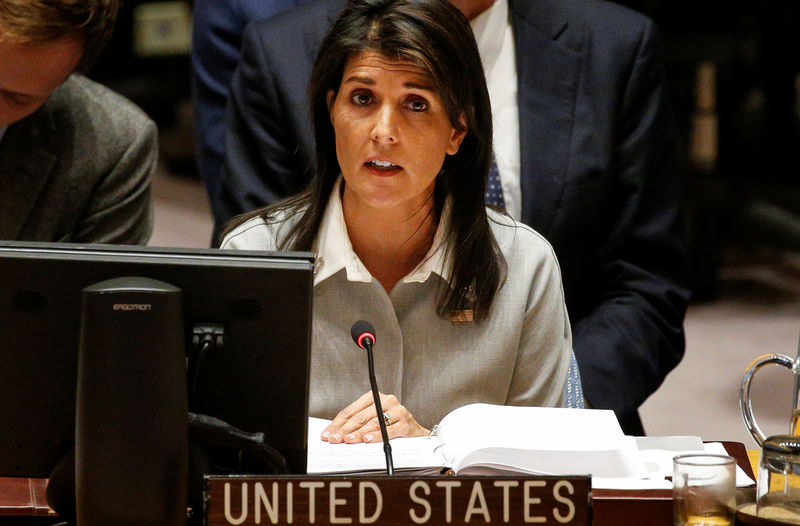 © Reuters. مبعوثة أمريكا بالأمم المتحدة: أمريكا تعتزم بناء تحالف دولي للتصدي لإيران