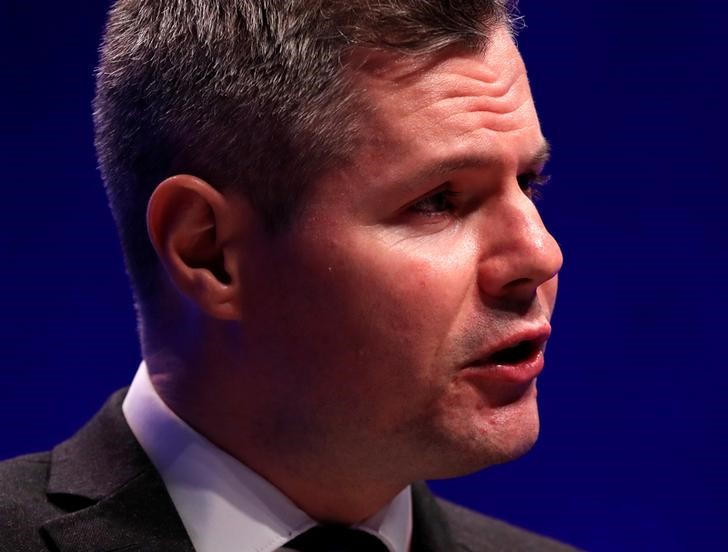 © Reuters. FILE PHOTO - Scotland's Finance Minister, Derek Mackay, speaks at the Scottish National Party conference in Glasgow
