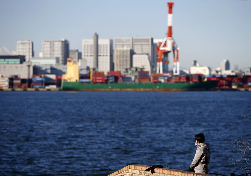 © Reuters. FILE PHOTO: Man stands near a crane and a container ship at a port in Tokyo