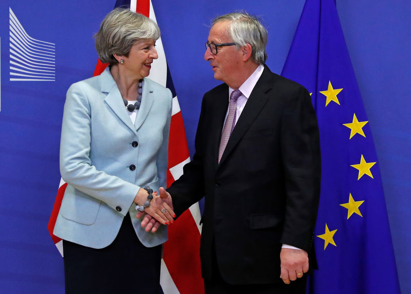 © Reuters. Britain's Prime Minister Theresa May is welcomed by European Commission President Jean-Claude Juncker at the EC headquarters in Brussels