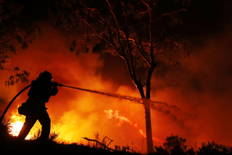 © Reuters. Bombeiro tenta apagar incêndio florestal na Califórnia, Estados Unidos
