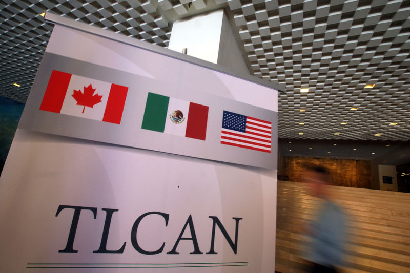 © Reuters. FILE PHOTO - A NAFTA banner is seen during the fifth round of NAFTA talks involving the United States, Mexico and Canada, in Mexico City
