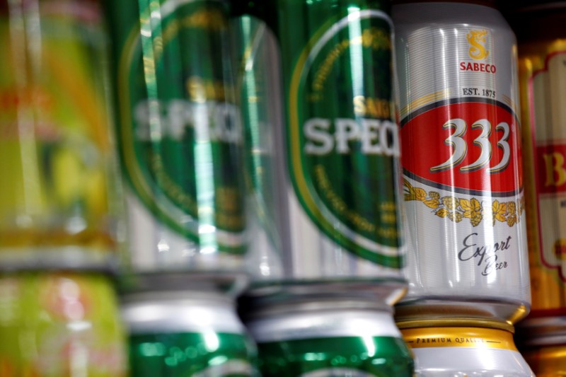 © Reuters. Sabeco's Saigon beers are display for sale in a market in Hanoi
