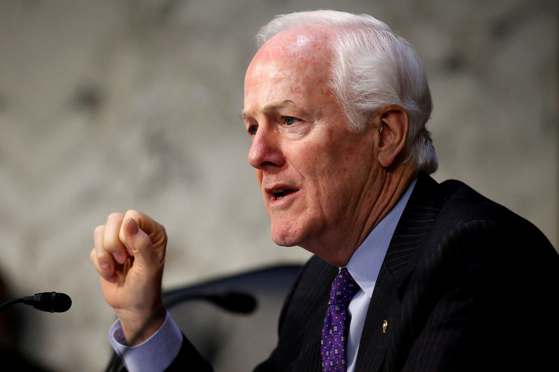 © Reuters. FILE PHOTO: Senator John Cornyn (R-TX) speaks during Senate Intelligence Committee hearing to answer questions related to Russian use of social media to influence U.S. elections, on Capitol Hill in Washington