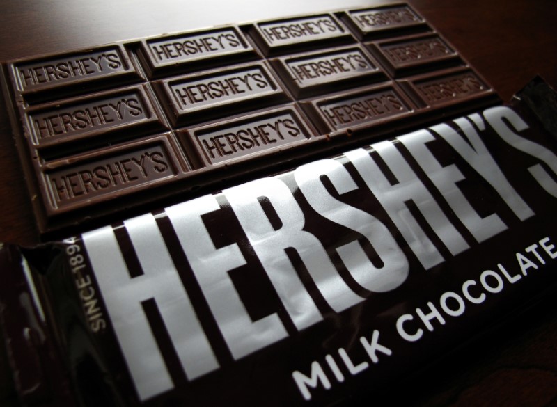 © Reuters. Hershey's chocolate bars are shown in this photo illustration in Encinitas