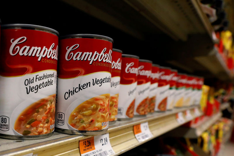 © Reuters. FILE PHOTO - Cans of Campbell's Soup are displayed in a supermarket in New York