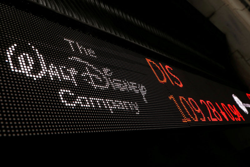 © Reuters. FILE PHOTO: A logo of Walt Disney company is displayed on a monitor outside of the New York Stock Exchange shortly after the opening bell in New York