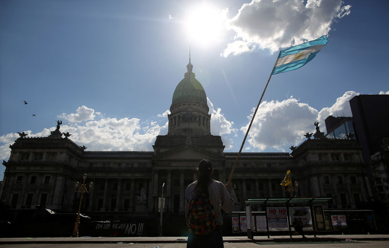 © Reuters. Manifestante com bandeira argentina em frente ao Congresso, em Buenos Aires