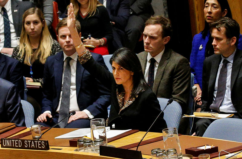 © Reuters. Embaixadora dos EUA na ONU Nikki Haley veta resolução sobre Jerusalém na ONU