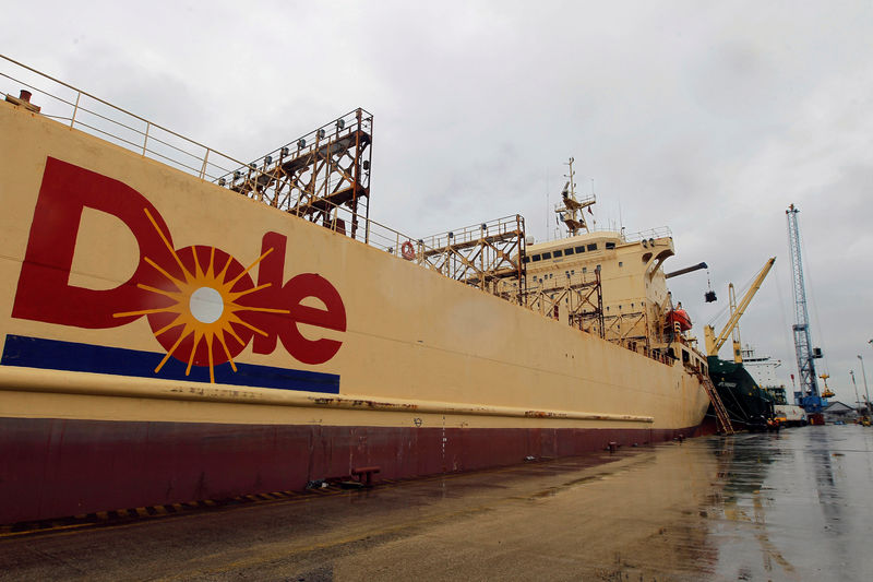 © Reuters. FILE PHOTO: A Dole vessel transporting containers with boxes of bananas is anchored at Dole's Port in Guayaquil